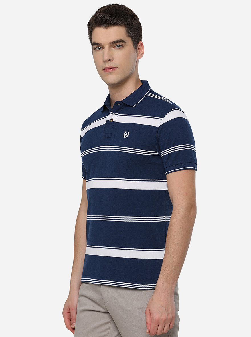 White & Blue Striped Slim Fit Polo T-Shirt | Greenfibre