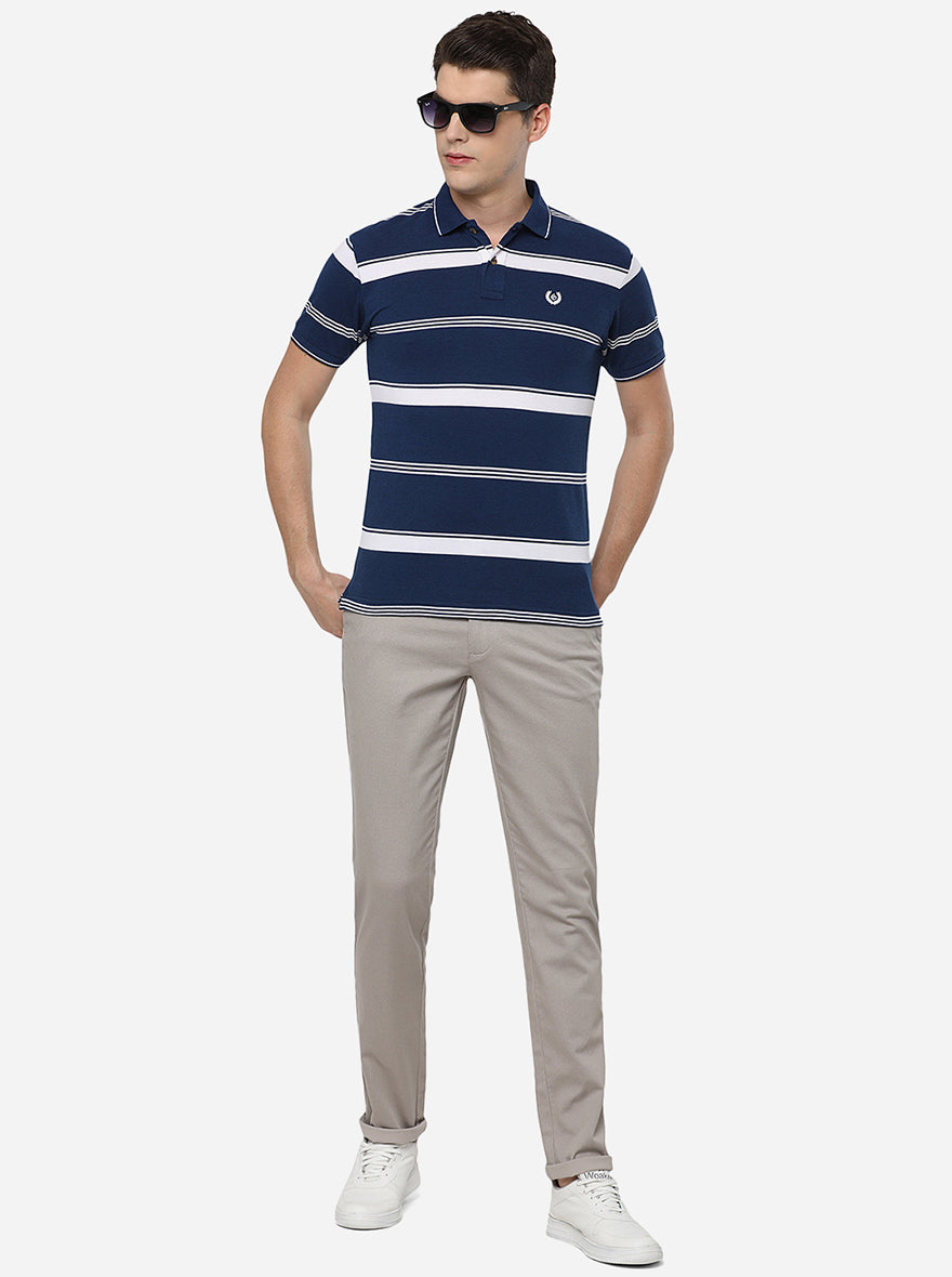 White & Blue Striped Slim Fit Polo T-Shirt | Greenfibre