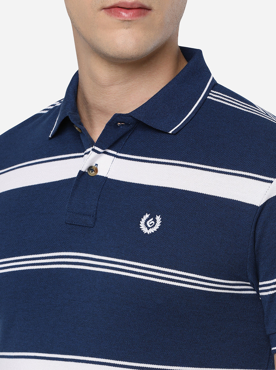 White & Blue Striped Slim Fit Polo T-Shirt | Greenfibre