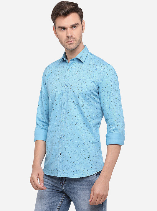 Sky Blue Printed Slim Fit Semi Casual Shirt | Greenfibre