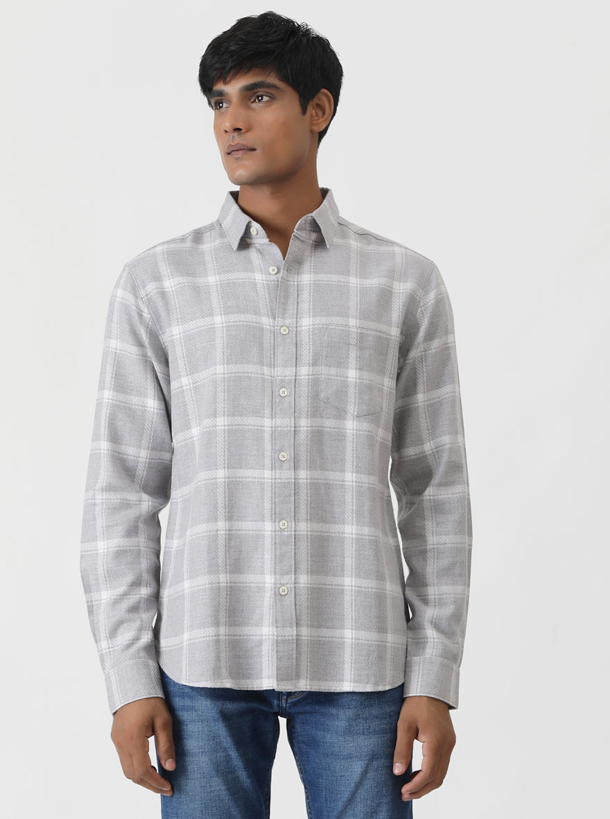 Grey Checked Slim Fit Casual Shirt | Greenfibre