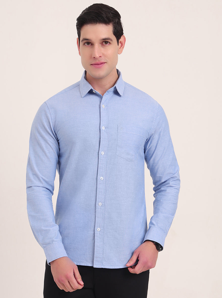 Blue Solid Slim Fit Casual Shirt | Greenfibre