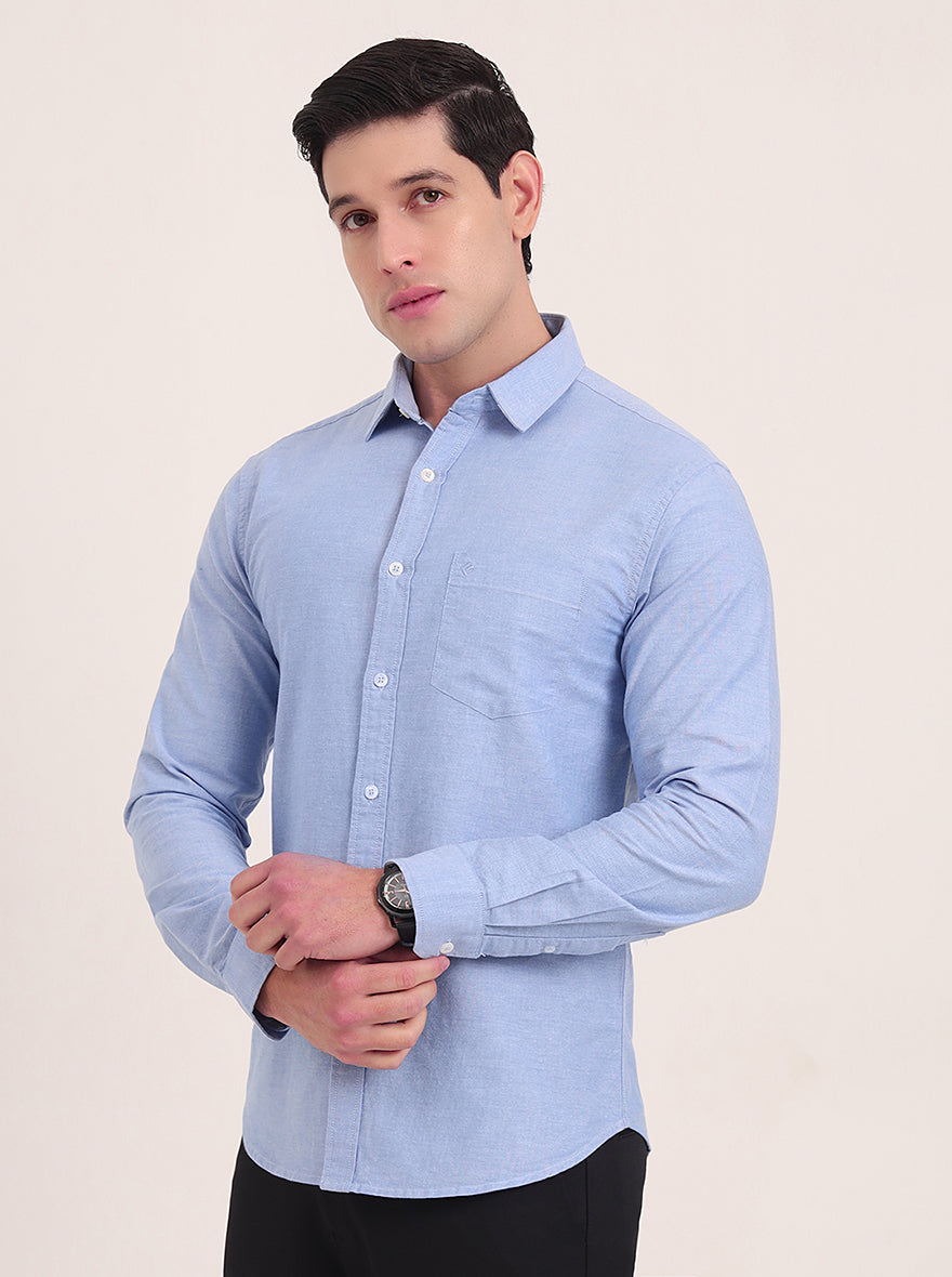 Blue Solid Slim Fit Casual Shirt | Greenfibre