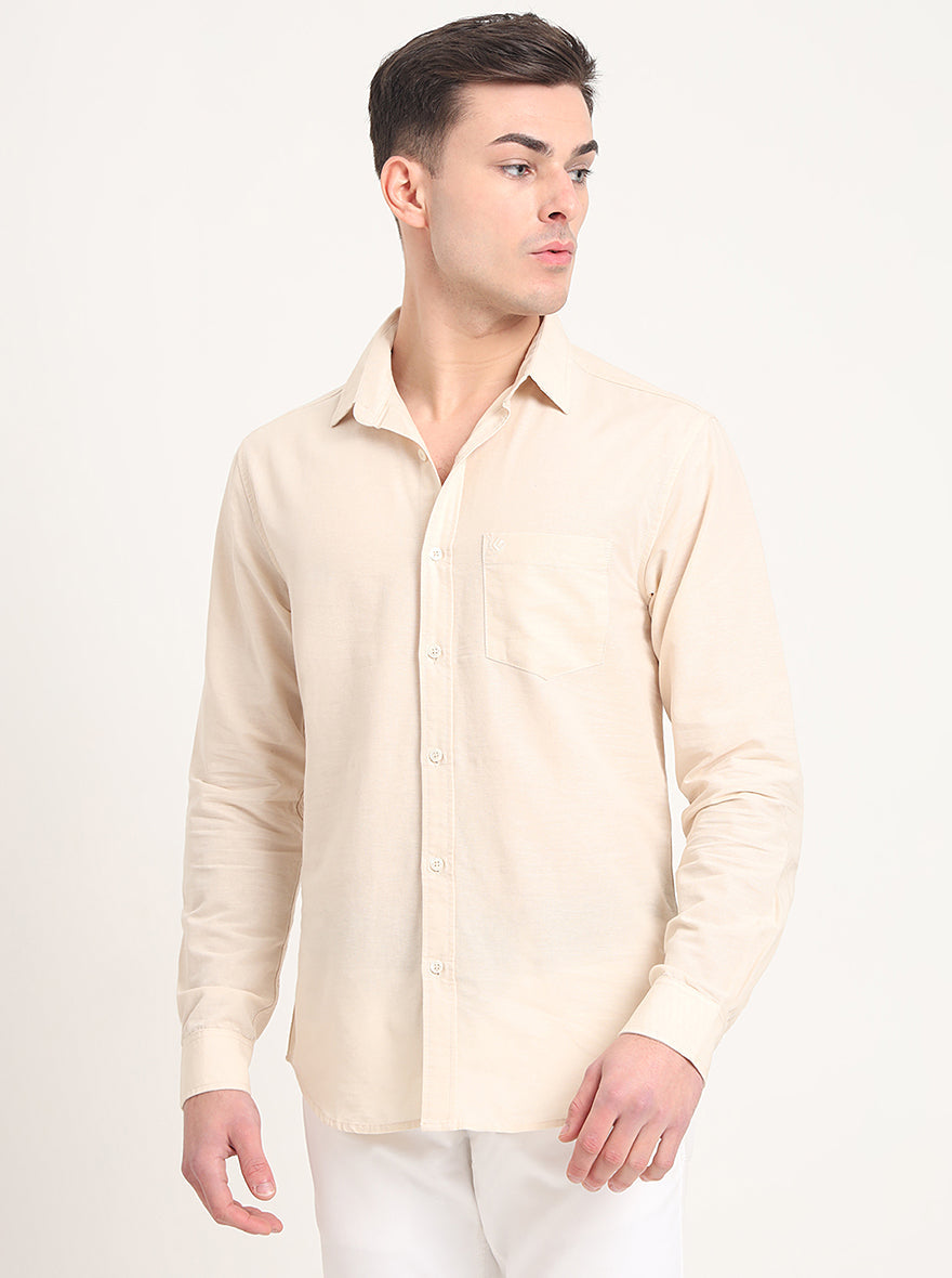 Beige Solid Slim Fit Casual Shirt | Greenfibre