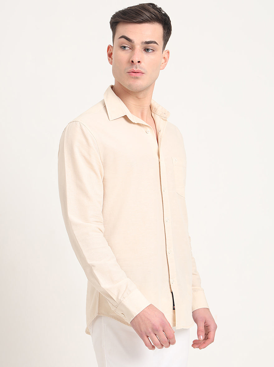 Beige Solid Slim Fit Casual Shirt | Greenfibre