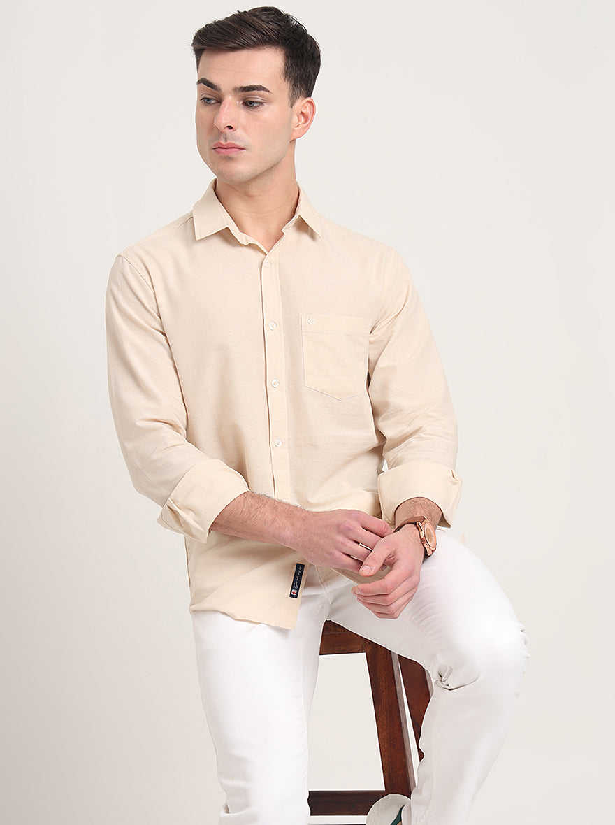 Beige Solid Slim Fit Casual Shirt | Greenfibre