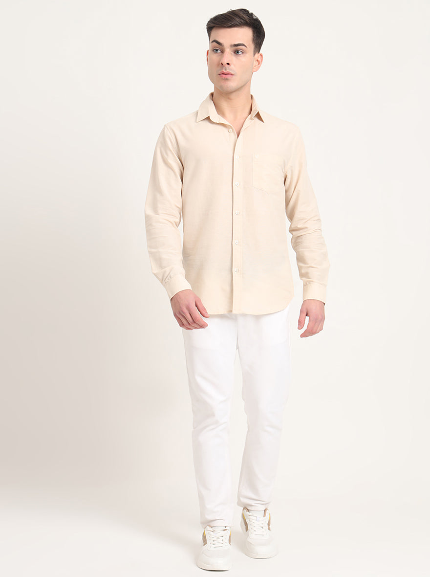 Beige Solid Slim Fit Casual Shirt | Greenfibre