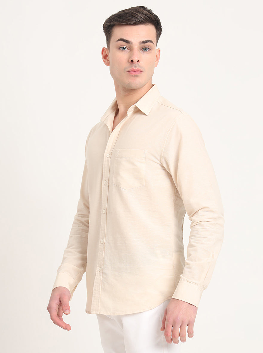 Beige Solid Slim Fit Casual Shirt | Greenfibre