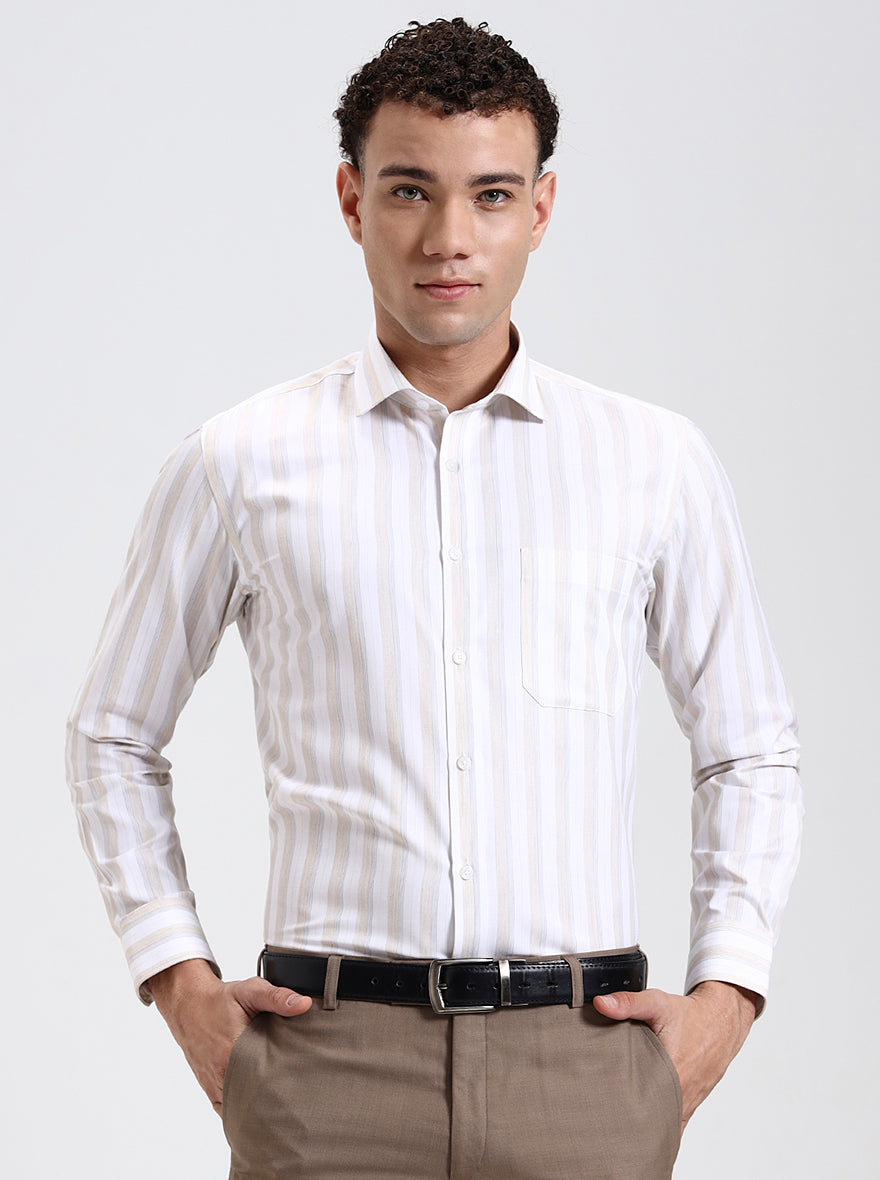 White & Fawn Striped Slim Fit Formal Shirt | Greenfibre