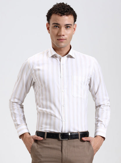 White & Fawn Striped Slim Fit Formal Shirt | Greenfibre