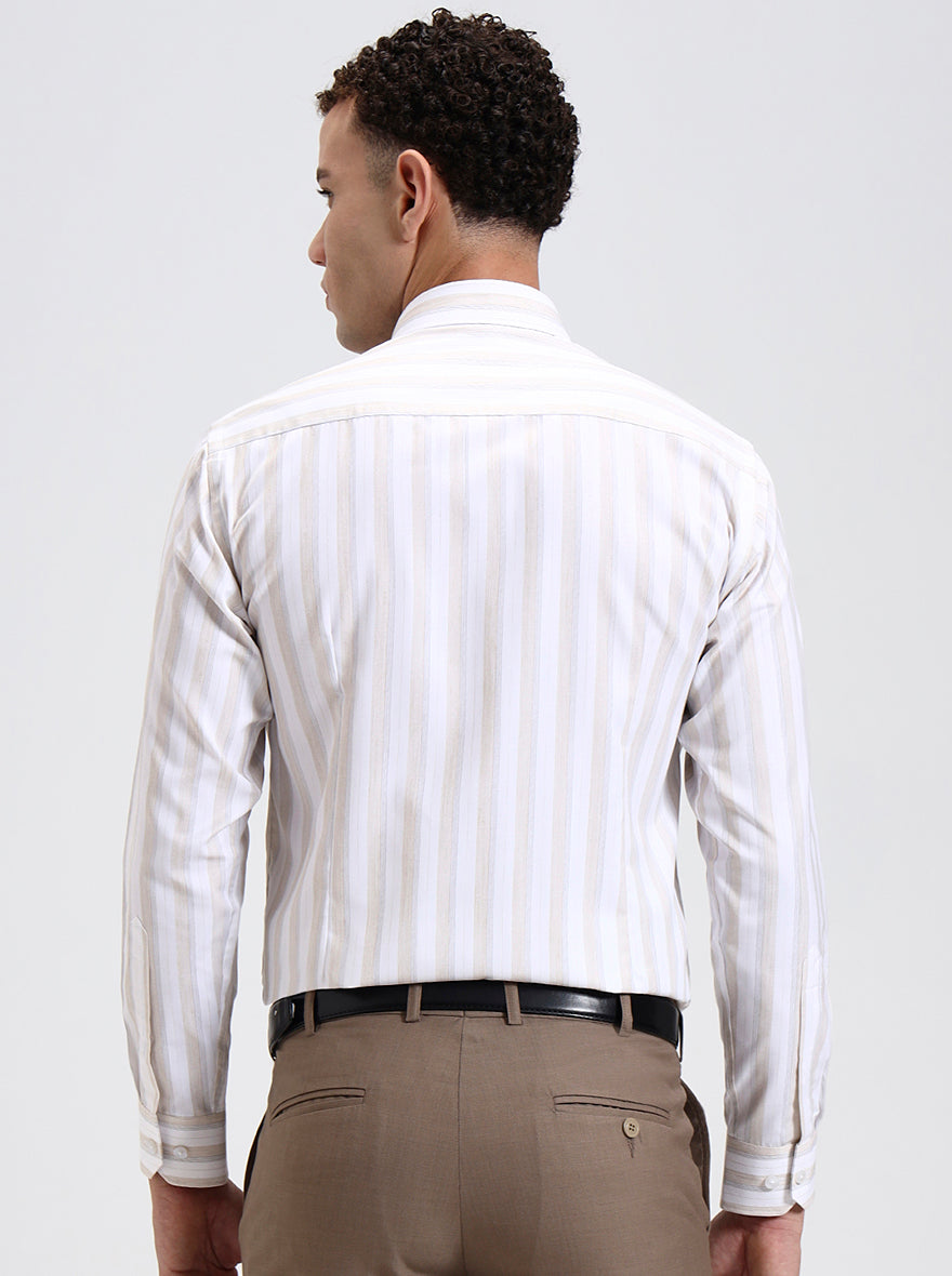 White & Fawn Striped Slim Fit Formal Shirt | Greenfibre
