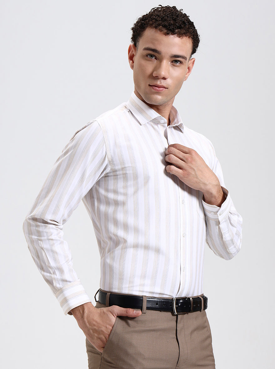 White & Fawn Striped Slim Fit Formal Shirt | Greenfibre
