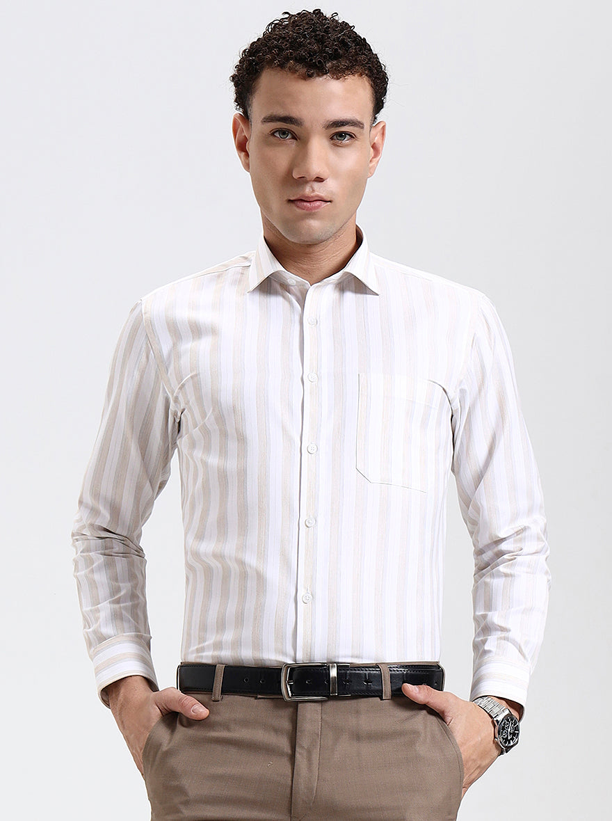 White & Fawn Striped Slim Fit Formal Shirt | Greenfibre
