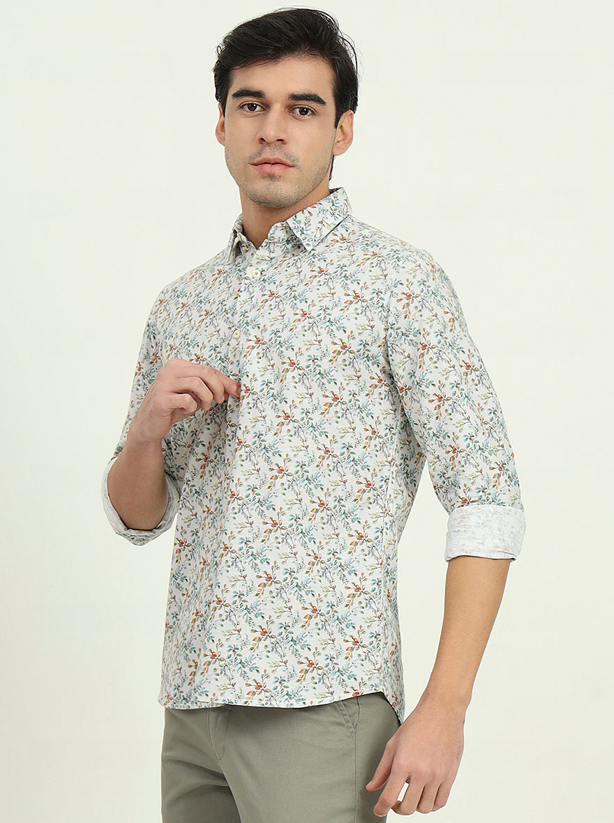 White Printed Slim Fit Casual Shirt | JadeBlue