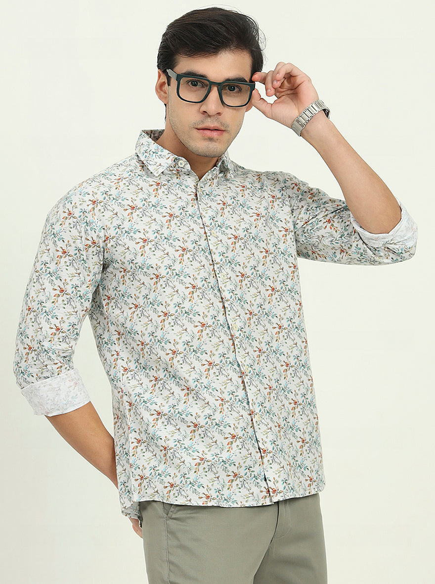 White Printed Slim Fit Casual Shirt | JadeBlue
