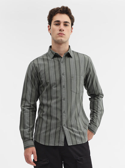 Olive Striped Slim Fit Casual Shirt | Greenfibre