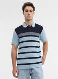 Navy Blue Striped Slim Fit Polo T-Shirt | Greenfibre