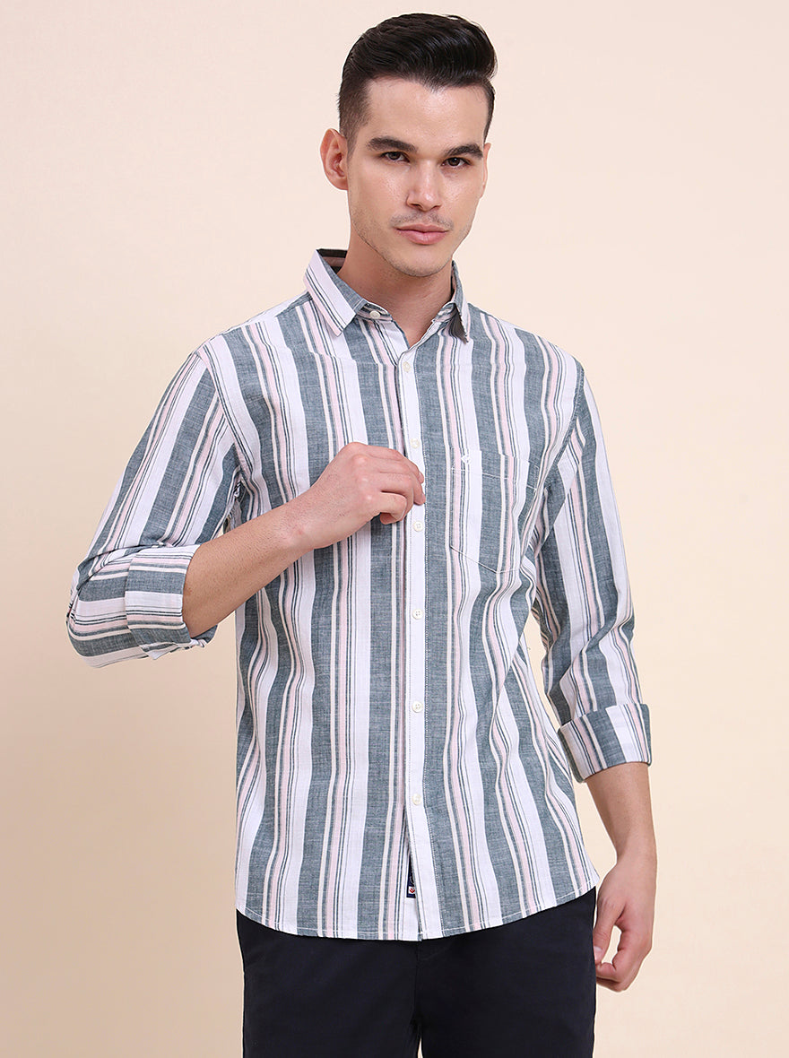 Dark Green Striped Slim Fit Casual Shirt | Greenfibre