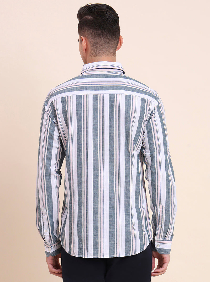 Dark Green Striped Slim Fit Casual Shirt | Greenfibre