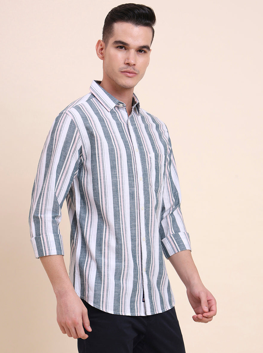 Dark Green Striped Slim Fit Casual Shirt | Greenfibre