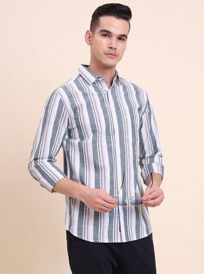 Dark Green Striped Slim Fit Casual Shirt | Greenfibre