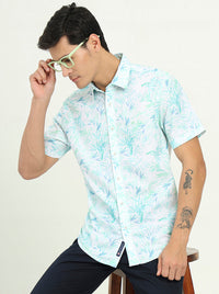 Turquoise Green Printed Slim Fit Casual Shirt | Greenfibre