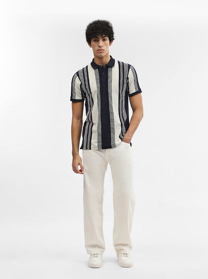 Off White & Navy Blue Striped Slim Fit Polo T-Shirt | Greenfibre