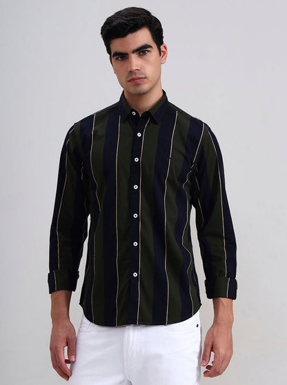 Olive Green Striped Slim Fit Casual Shirt | Greenfibre