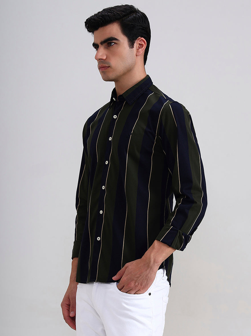 Olive Green Striped Slim Fit Casual Shirt | Greenfibre