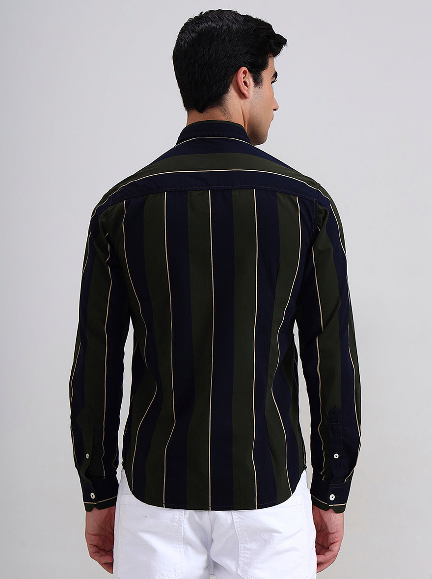 Olive Green Striped Slim Fit Casual Shirt | Greenfibre