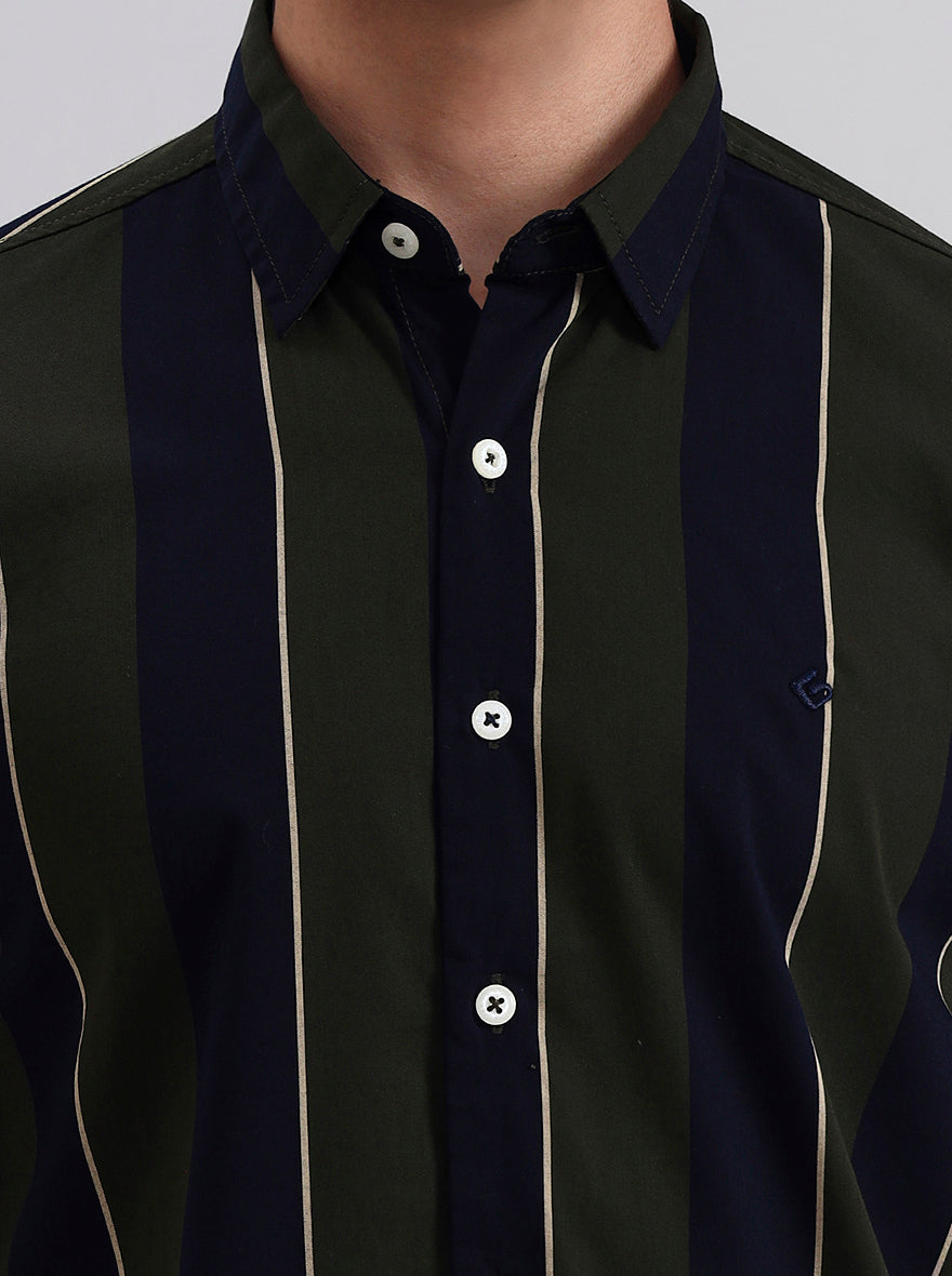 Olive Green Striped Slim Fit Casual Shirt | Greenfibre