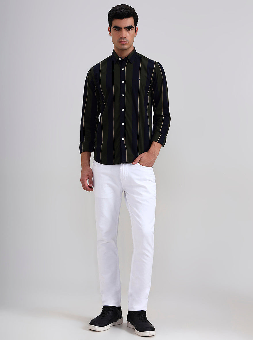 Olive Green Striped Slim Fit Casual Shirt | Greenfibre