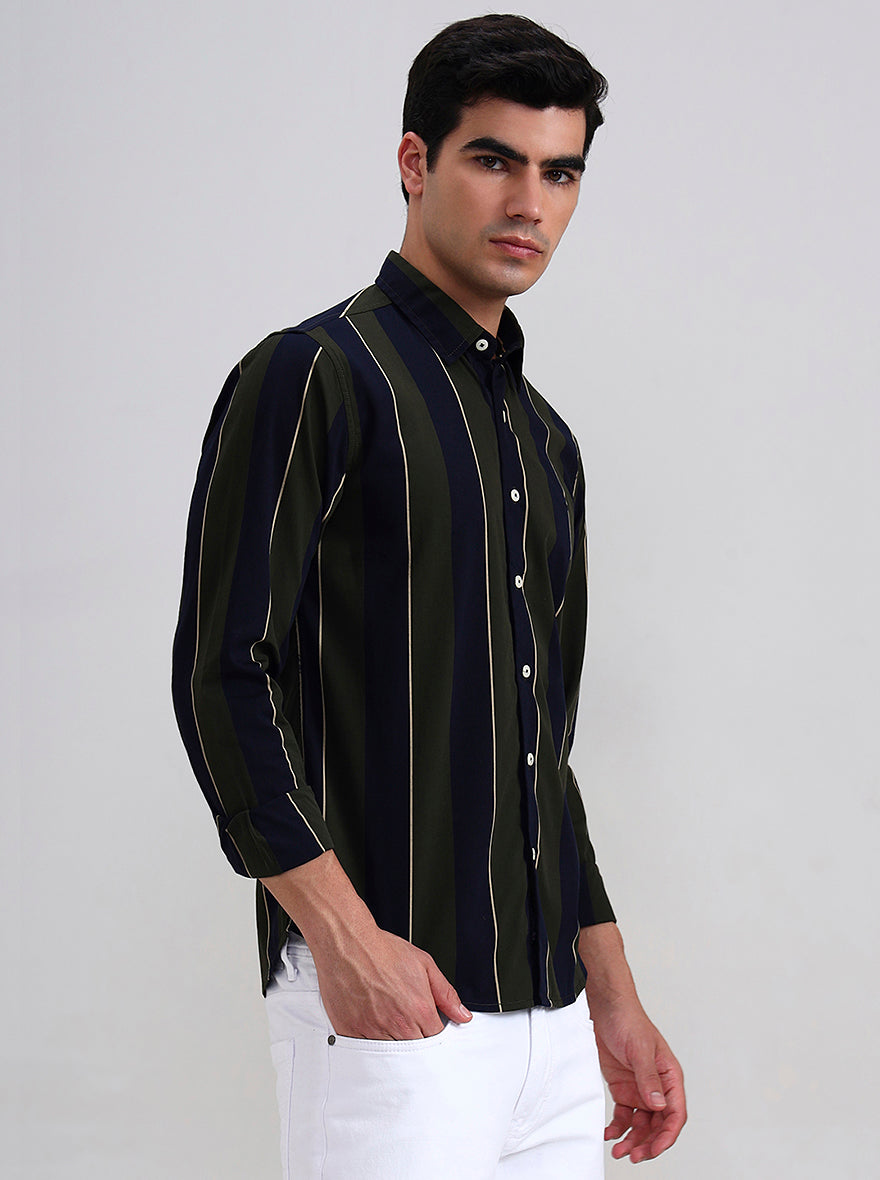 Olive Green Striped Slim Fit Casual Shirt | Greenfibre