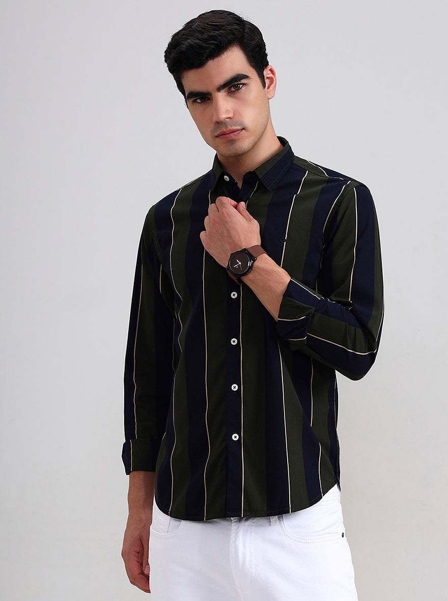 Olive Green Striped Slim Fit Casual Shirt | Greenfibre