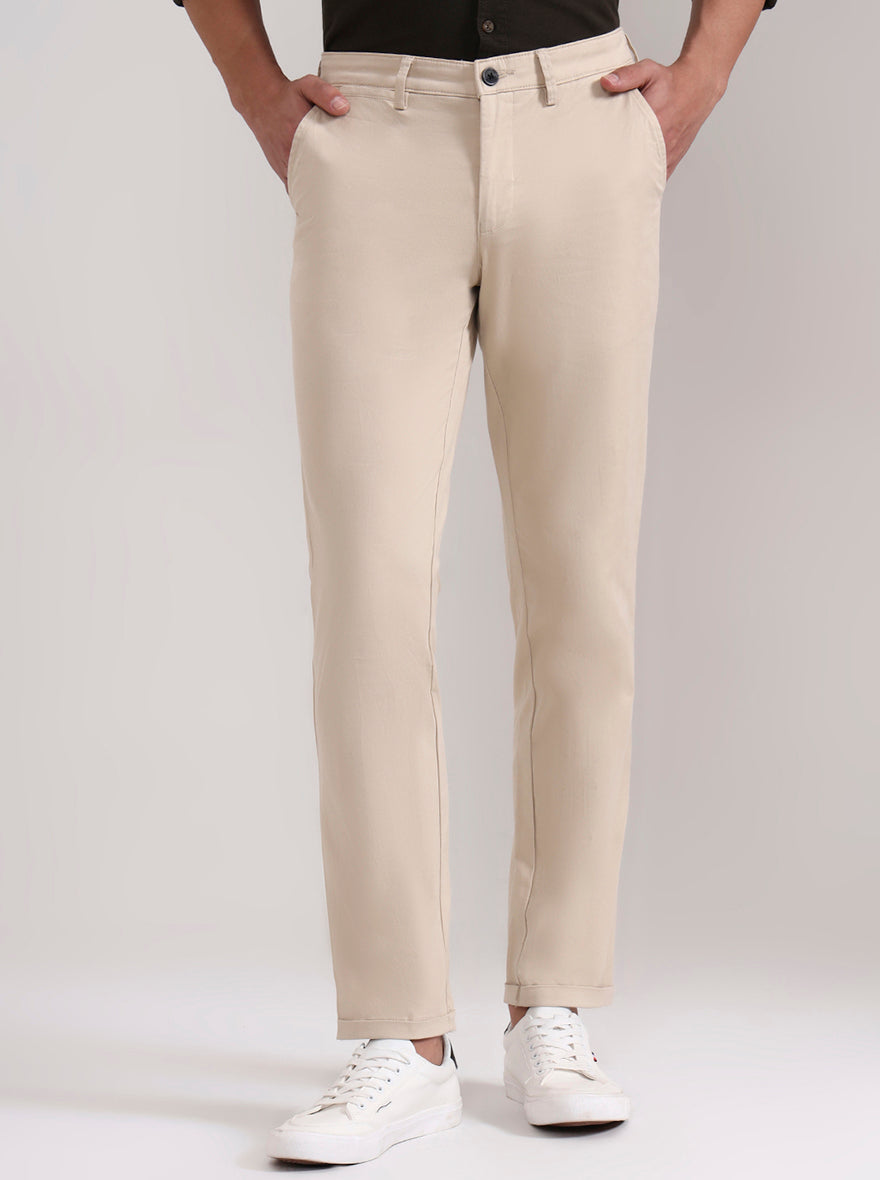 Beige Solid Neo Fit Casual Trouser | Greenfibre