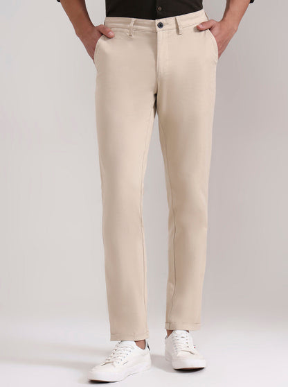 Beige Solid Neo Fit Casual Trouser | Greenfibre