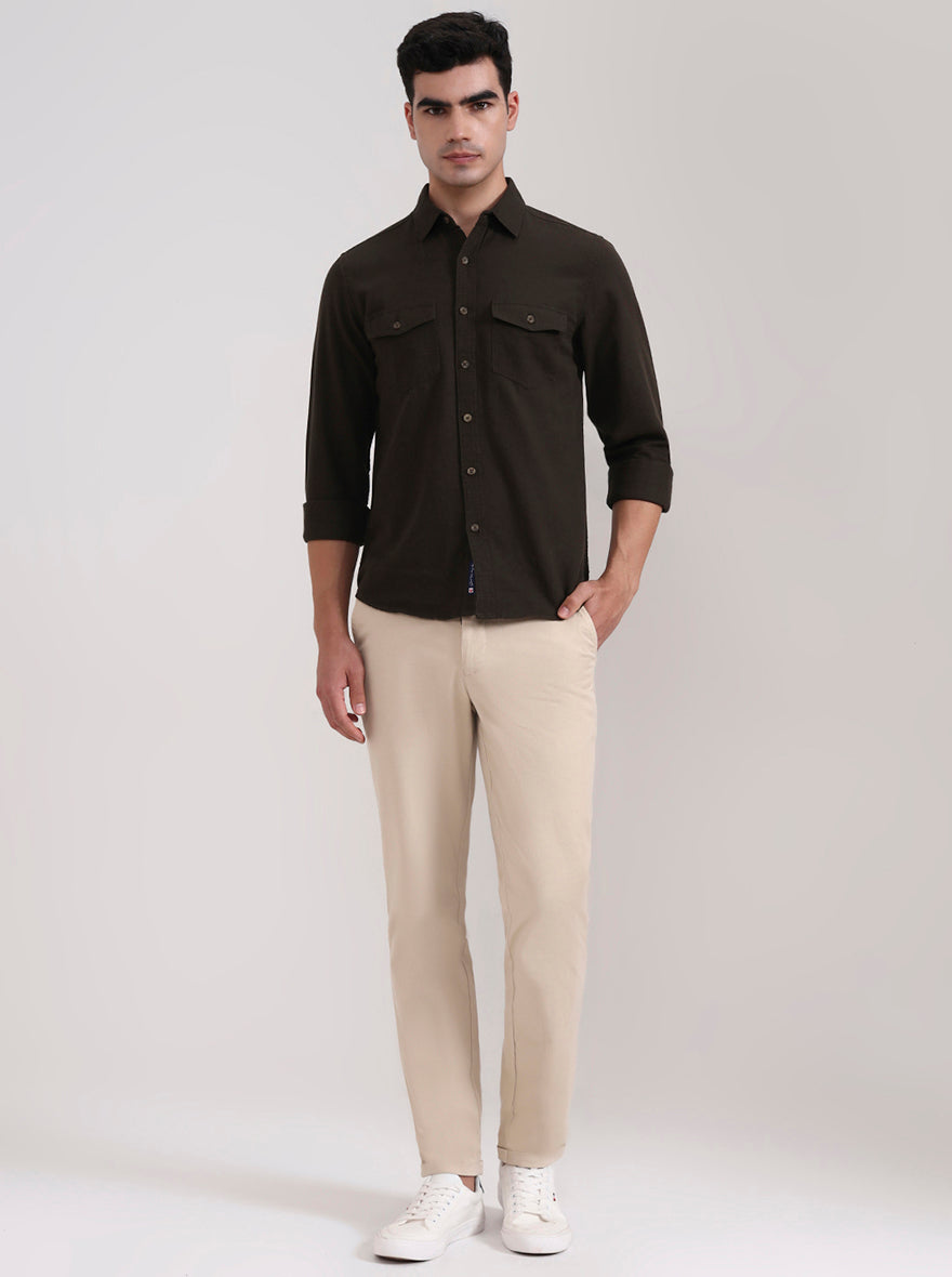 Beige Solid Neo Fit Casual Trouser | Greenfibre