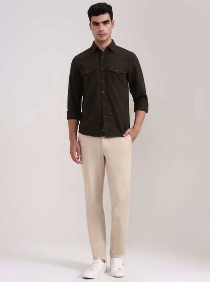 Beige Solid Neo Fit Casual Trouser | Greenfibre