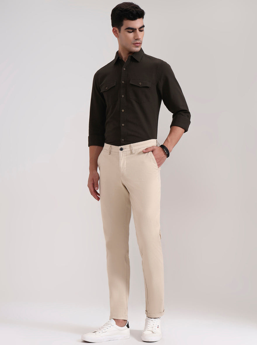 Beige Solid Neo Fit Casual Trouser | Greenfibre