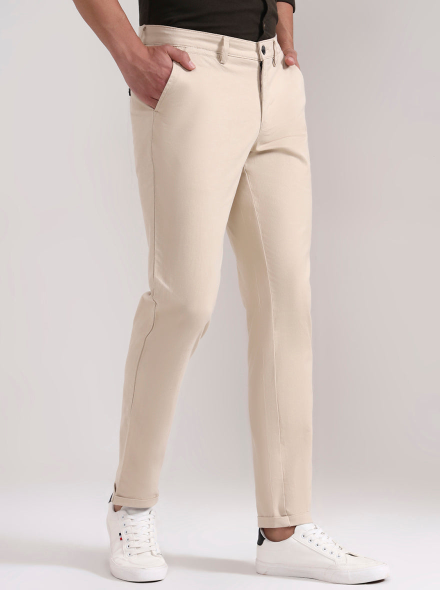 Beige Solid Neo Fit Casual Trouser | Greenfibre