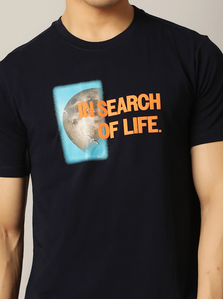Navy Blue Printed Slim Fit T-Shirt | JadeBlue
