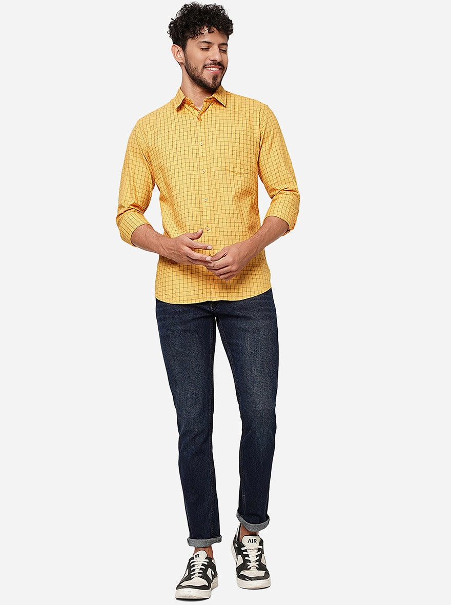 Yellow Checked Smart Fit Semi Casual Shirt | Greenfibre