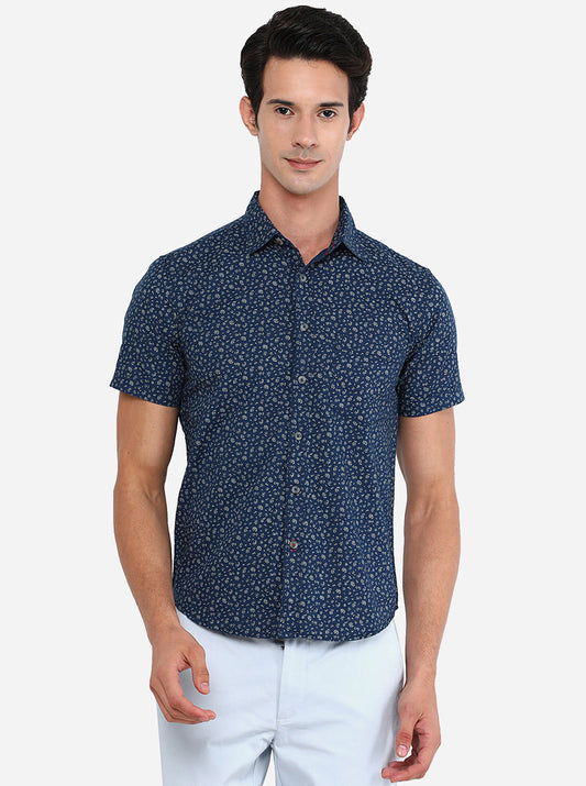 Blue & Grey Printed Slim Fit Semi Casual Shirt | Greenfibre