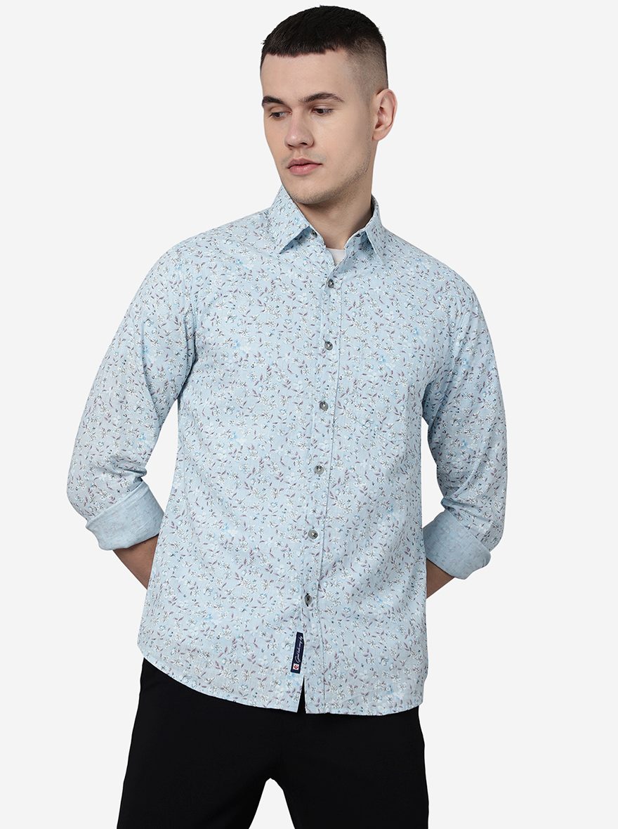 Blue Printed Slim Fit Casual Shirt | Greenfibre