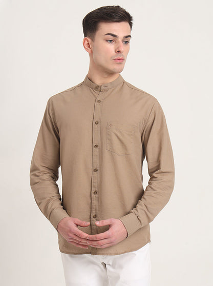 Khaki Solid Slim Fit Casual Shirt | Greenfibre