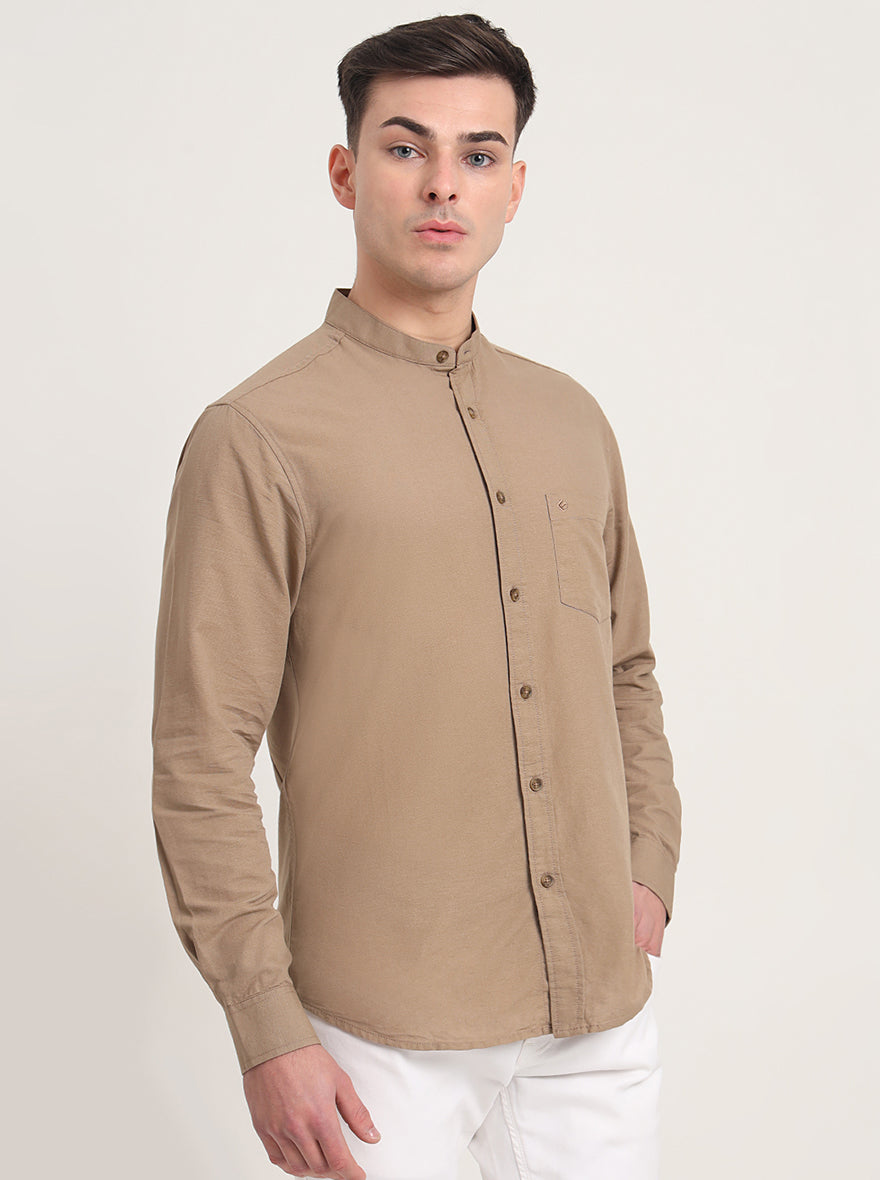 Khaki Solid Slim Fit Casual Shirt | Greenfibre