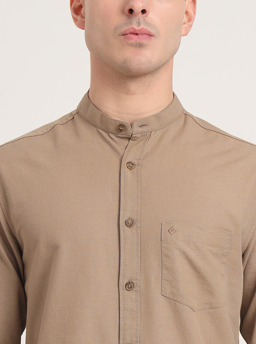 Khaki Solid Slim Fit Casual Shirt | Greenfibre