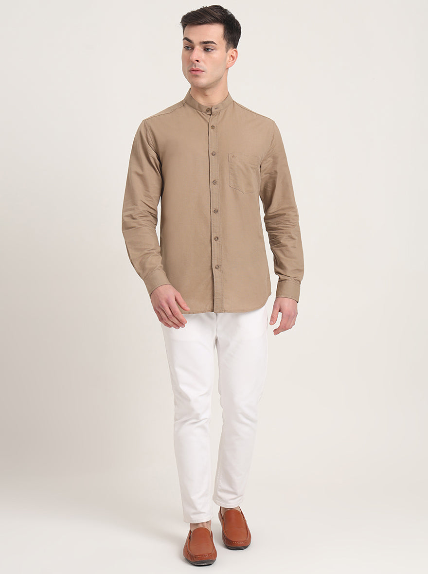 Khaki Solid Slim Fit Casual Shirt | Greenfibre