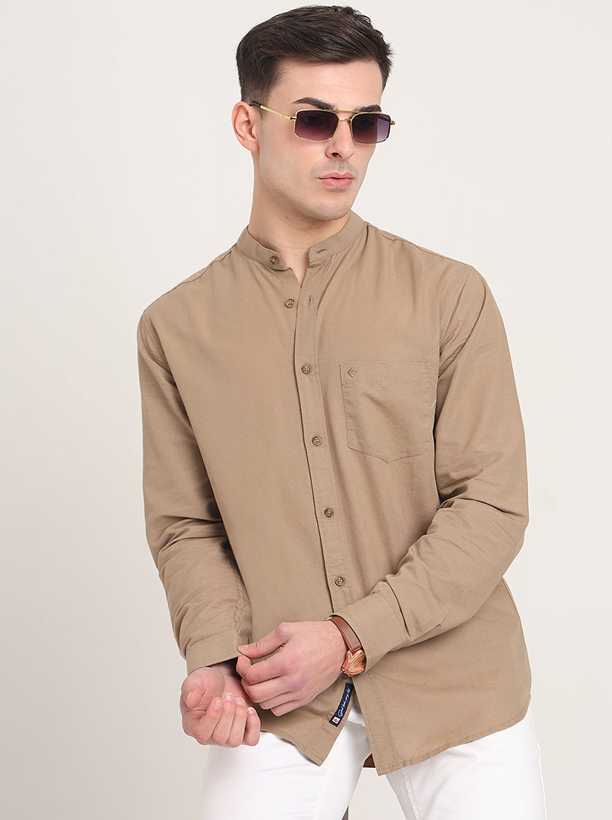 Khaki Solid Slim Fit Casual Shirt | Greenfibre