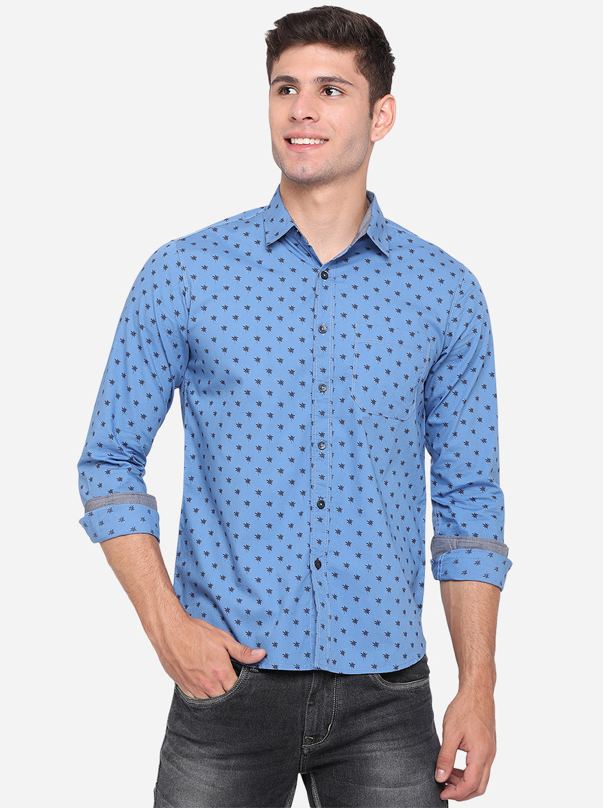 Campanula Blue Printed Slim Fit Semi Casual Shirt | Greenfibre